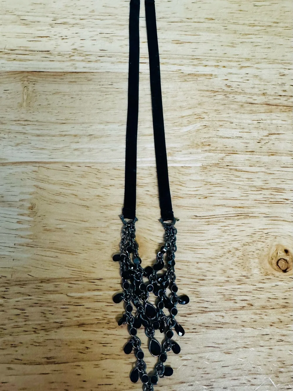 Black Multi-Chain Drop Necklace with Ribbon Cord
